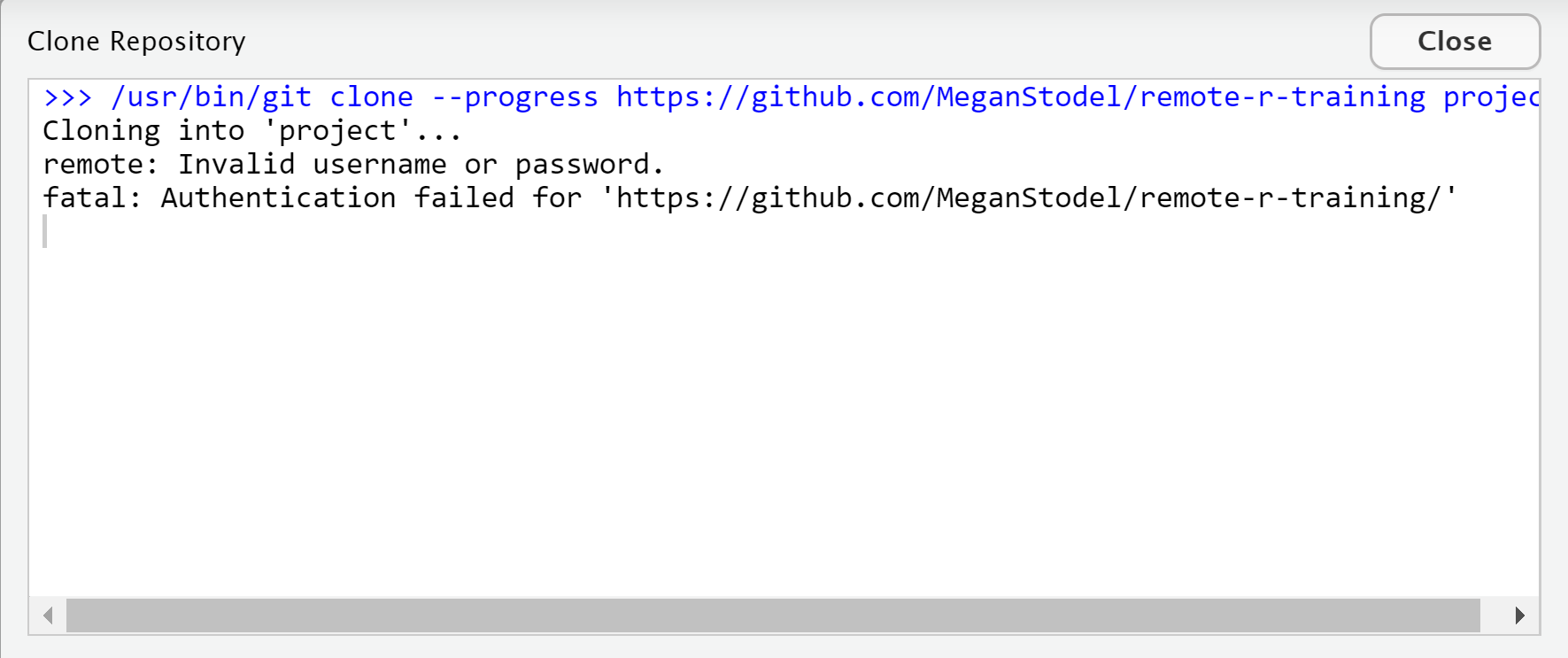 Screenshot of git message that password is invalid
